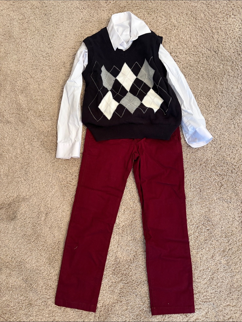 Black Argyle Vest with White Shirt & Burgundy Pants